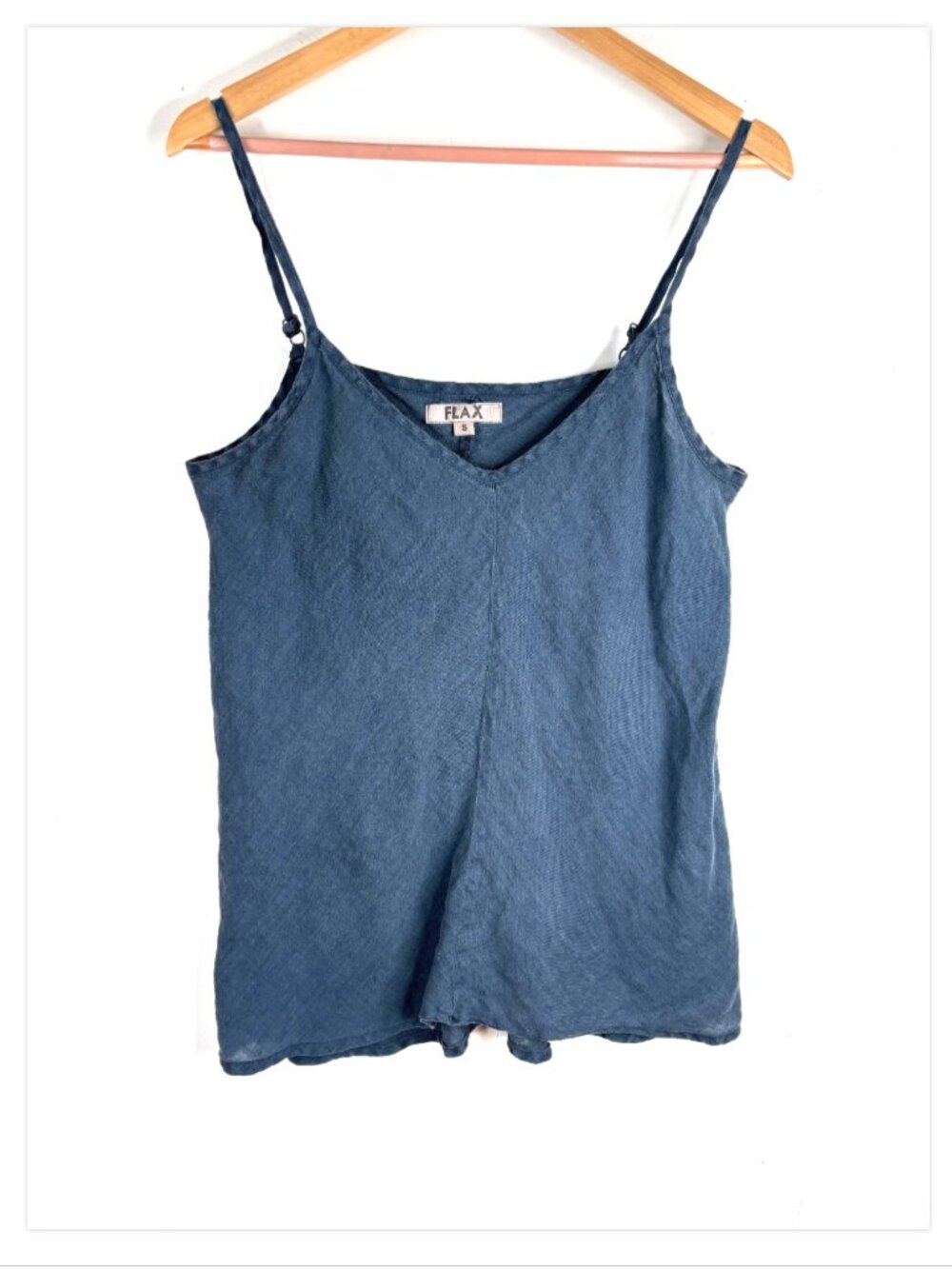 Flax 100% Linen Tank Top S Lagenlook Jeanne Engelhart Skinny Strap Blue Boho